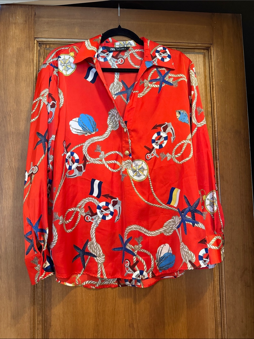 Zara Red Nautical-Print Button-Down Shirt